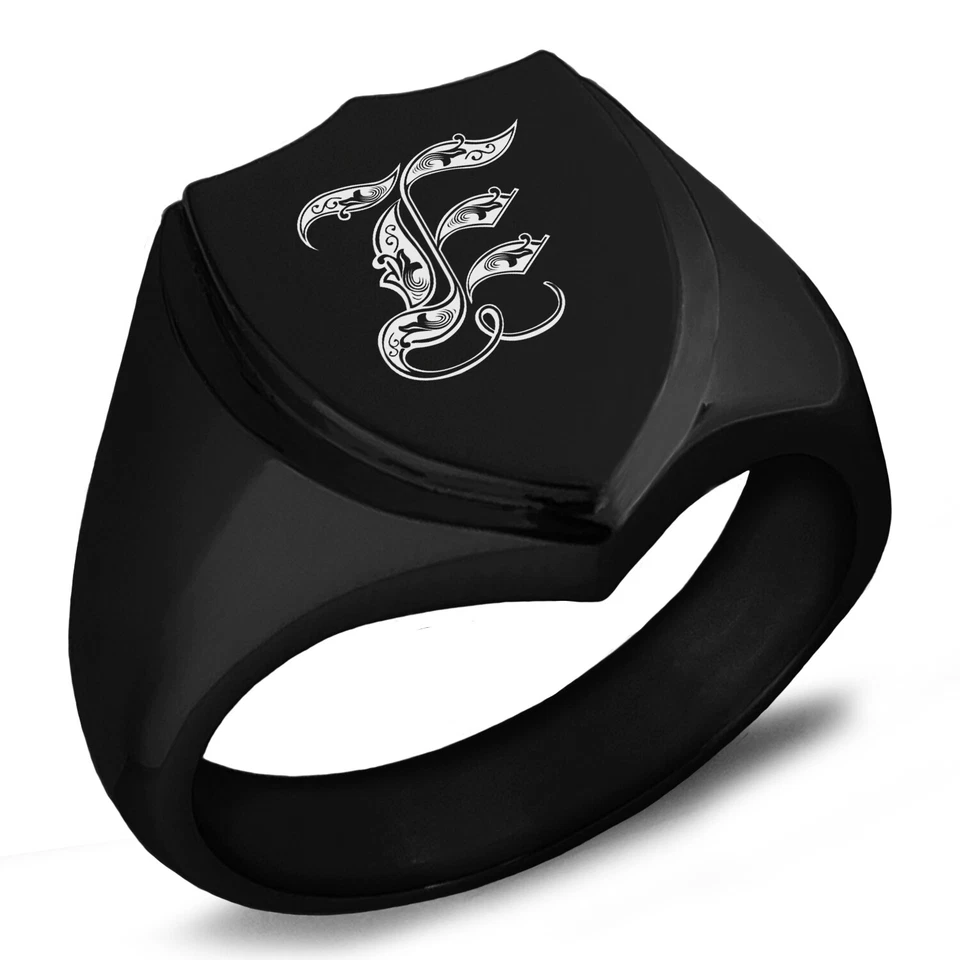 Anillo de sello de acero inoxidable con escudo con monograma real inicial letra E para hombre Foto 1 de 1