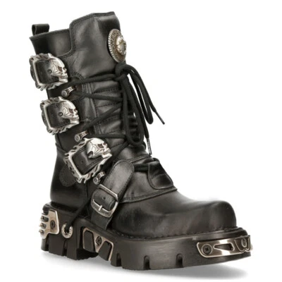 New Rock 391-S1 Unisex Black Boots Metallic Reactor Goth Punk Rock Biker Boots - Image 1 of 4