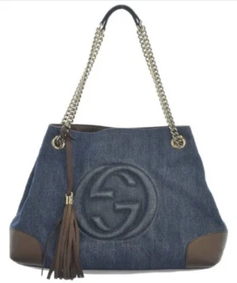 Bolso de Hombro GUCCI Soho Denim Cuero Borla Cadena Entrelazado G Azul Dorado Foto 1 de 4