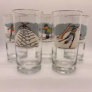 Ashby Comics Cartoon Skifahren Set 5 Trinkgläser Barzubehör Vintage Retro Gold - Bild 1 von 8