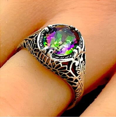 DECO ANTIQUE STYLE 1.70 CT RAINBOW MYSTIC QUARTZ 925 STERLING SILVER RING   #776 - Image 1 of 3