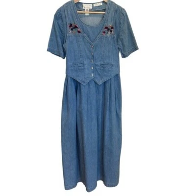 Maxi Vestido Vaquero Vintage Bordado Chaleco Años 90 Cottagecore Profesor Talla 8 Foto 1 de 4