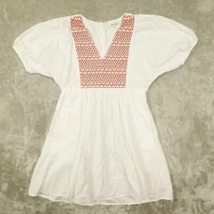 Madewell Embroidered White Poplin Puff Sleeve V-Neck Mini Dress Size Small - Picture 1 of 10