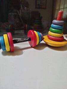 Vintage 1950s Playskool Wooden Roly Color Stack #102 And Wooden Dumbbell Rings