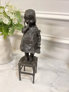 Vintage Signed Bronze Child Sculpture By JUAN CLARA “LITTLE GIRL ON STOOL” 12”h - Picture 1 of 6