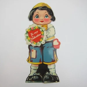 Vintage Valentine Card Mechanical Boy Blue Google Eyes Move Holds Flower Bouquet - Bild 1 von 12