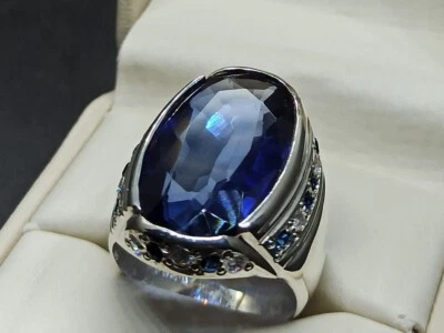 Anillo pesado de plata esterlina 925 con topacio grande azul real de corte ovalado hecho a mano para hombre Foto 1 de 4
