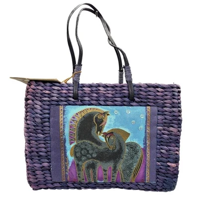 Новый с Ярлыками Sun N песок фиолетовый ручной работы сплетенный ротанг холст лошадь изображение сумка с короткими ручками  - Изображение 1 из 4