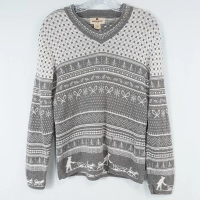 Suéter Woolrich Nordic Fair Isle feminino trenó pequeno cachorro cinza férias de inverno - Imagem 1 de 4