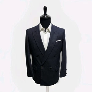 Vtg King Style Blazer Coat Mens 37S Double Breasted Peak Lapel Flannel Metal Btn - Picture 1 of 13