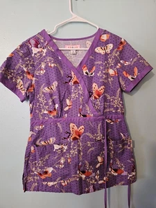 Koi Brand Colorful Butterflies On Lt. Purple Scrub Top  - sz S - Picture 1 of 4