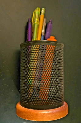 Black Pen/Pencil Holder Cup for Desk with Wood Base Mesh Wire- Pens included. - Image 1 of 4