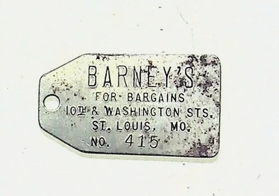 Letrero de tienda de gangas Barney's vintage de metal etiqueta publicitaria St. Louis MO Foto 1 de 4
