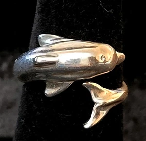 VINTAGE Sterling Silver Heavy Large Wrap Dolphin Ring Size 9~ Adjustable, 5.87g - Picture 1 of 8