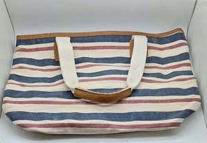 Sonoma Goods For Life Purse Tote Bag Brown Faux Leather Nautical Beach Stripe - Picture 1 of 6