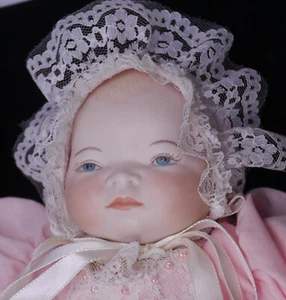 OLDER BYE LO BABY DOLL, BISQUE HEAD, PAINTED EYES, PINK GOWN, REPRO?, 12.5 IN. - Picture 1 of 10
