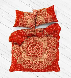 Red Mandala Duvet Cover Set with Pillow Shams Golden Flower Print Bedding Cover - Picture 1 of 4