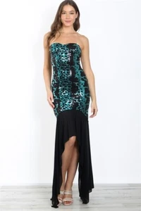 Black and Teal Sequin Cocktail Ball Gown Sz Medium Maxi Dress Mermaid Cut  - Picture 1 of 3