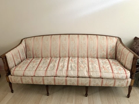Vintage W&J Sloane Mahogany Sheraton Style Sofa Chair w Grey Duck Down Cushion Cover