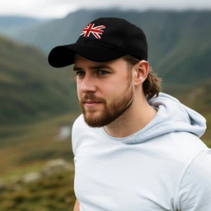 Adults Adjustable 5 Panel Cotton Baseball Cap with Embroidered Union Jack Emblem - Picture 1 of 4