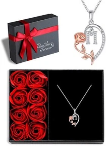 Rose Flower Pendant Heart Initial Necklace for Women Letter "M" 14K Gold Plated - Picture 1 of 4