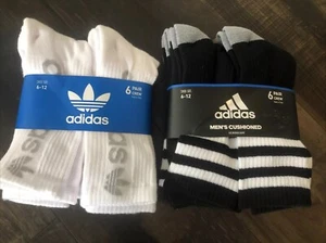 2 Adidas Men’s Cushioned 3 Stripes Crew Socks Two 6-Packs Aero Ready White Black - Picture 1 of 6