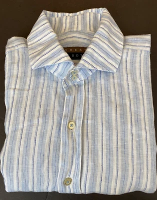 Robert Talbott Linen Shirt Mens Large Blue Stripe Button Front Spread Collar - Image 1 of 4