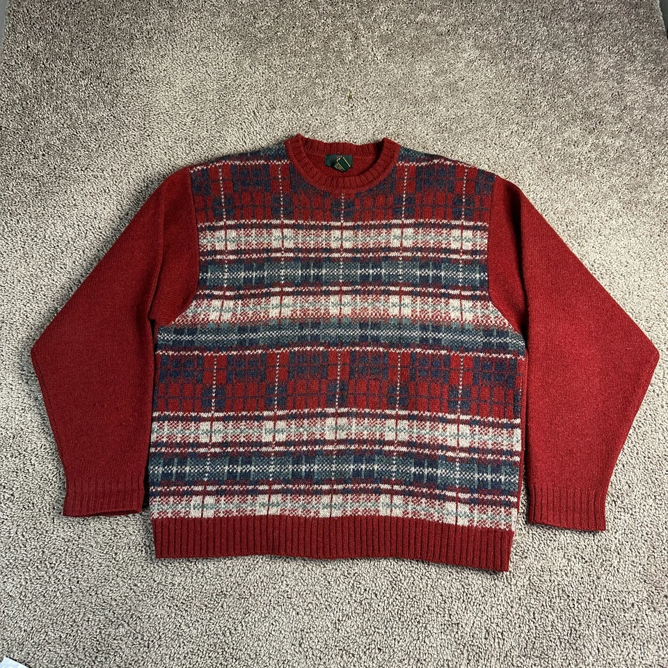 VINTAGE 90s Club Room Sweater Mens Large Red 100% Wool Plaid Crewneck Pullover - Image 1 of 4