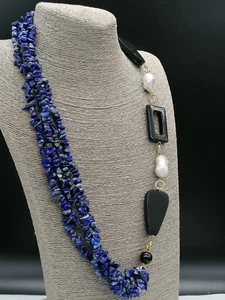 collana lunga da donna lapislazzulo blu perla bianca ebano onice nero argento - Foto 1 di 10