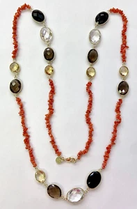 HSN Colleen Lopez Sterling Orange Coral and Multi Gemstone 36" Station Necklace - Picture 1 of 5