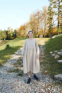 Abito lino beige lungo autunno lino vestito pigiama camicia da notte camicia da notte nighty - Foto 1 di 7