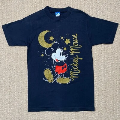 VINTAGE Mickey Mouse T Shirt 80s Womens Small Slim Fit Black Gold Moon Disney - Image 1 of 4