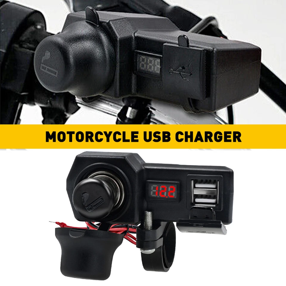 Cargador de teléfono USB doble impermeable para manillar de motocicleta enchufe encendedor de cigarrillos Foto 1 de 4
