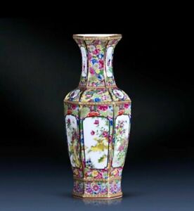 Qing Qianlong Ceramic Vase Enamel Gilt Hexagon Vase Chinese Antique Reproduction