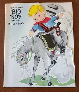 Vintage Greeting Card Birthday Boy Child Cowboy Horse Forget me Not , Die Cut - Picture 1 of 7
