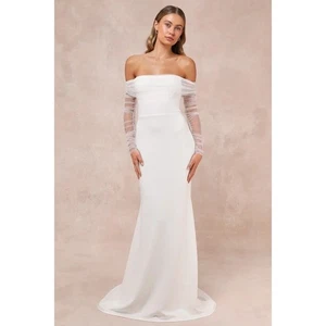 Maxi Vestido Lulus “Beautifully Beloved” Blanco Malla Fuera del Hombro – Mediano Nuevo con Etiquetas - Imagen 1 de 6