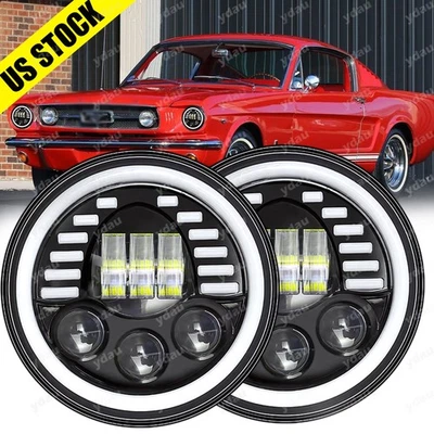 Pair For Ford Mustang 1965-1973 7 Inch Round Led Headlights Hi/Lo Beam Halo DRL - Image 1 of 4