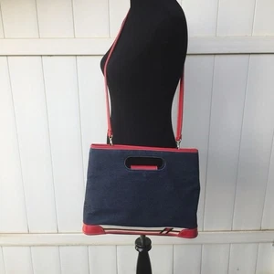 Vintage Tommy Hilfiger Y2K Denim Handtasche Leder Messenger Bag Rot Weiß Blau USA Neu mit Etikett - Bild 1 von 8