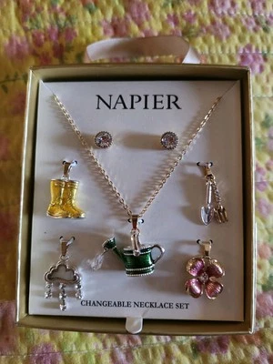 New NAPIER Garden Necklace Pendant Charms Earring Set 16 Inch Chain Gold Silver - Image 1 of 4