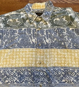 Camicia da spiaggia Eddie Bauer vintage azteca campeggio bottoni lino cotone uomo taglia XL - Foto 1 di 6