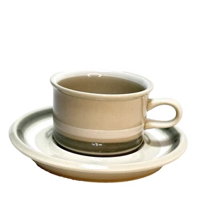 ARABIA OF FINLAND Salla Small Coffee Cup Saucer Gray Gray Tan White Stripe 4 oz. - Picture 1 of 6