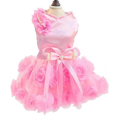 Dog Pink Dress Luxurious Satin Flower with Pearls & Bow L XL XXL↔ - Image 1 of 4