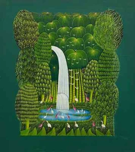 ORIGINAL HAITIAN ART PAINTING ANTOINE JOSEPH 4845 FLAMINGOS PELICANS FOREST LAKE - Picture 1 of 7