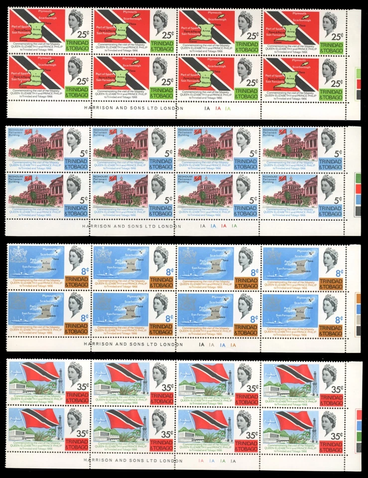 Juego de bloques de placas T&T Trinidad Tobago 1966 Sc 119-122 MNH CPLT ROYAL VISIT CV$66* Foto 1 de 1