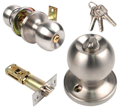 Entrance Door Knob Set Round Ball Handle Lock Privacy Bathroom Stainless Steel - Image 1 of 4