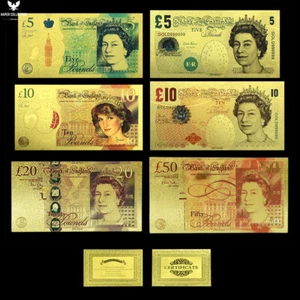 6pcs 5 10 20 50 Pounds Gold Banknotes The Queen of England Notes Home Decoration - Bild 1 von 9