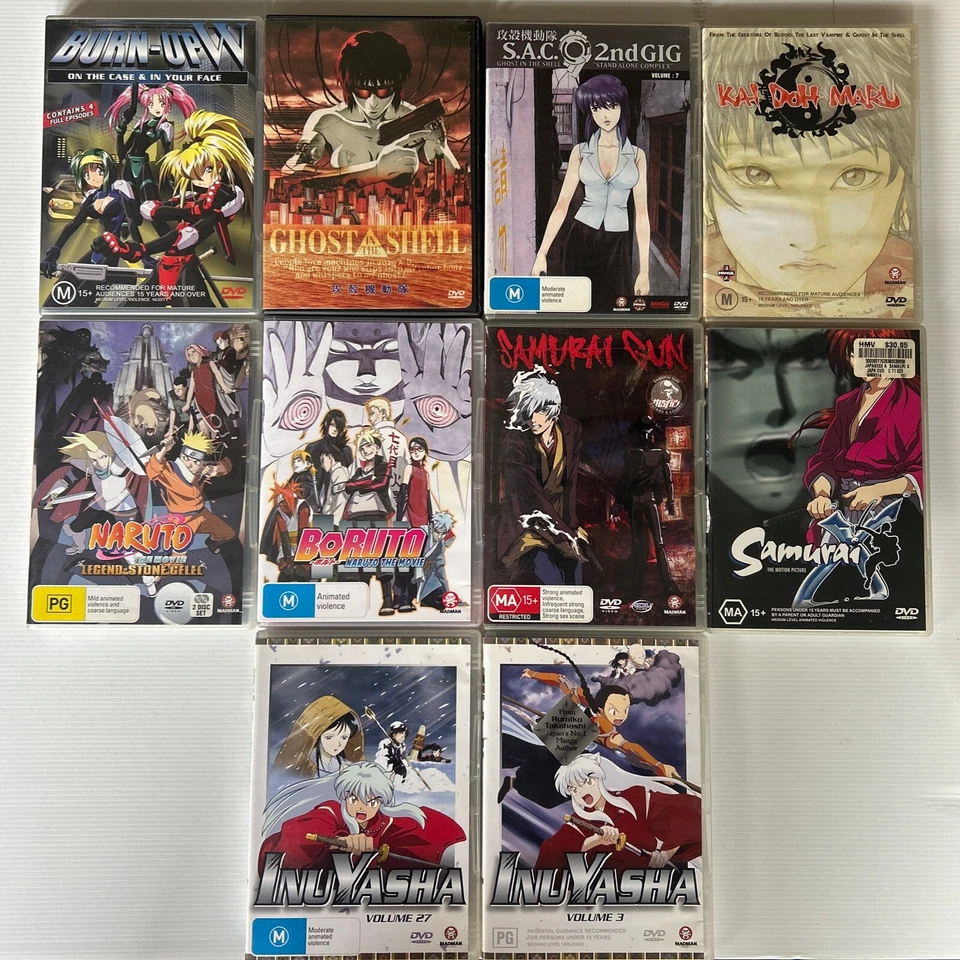Anime 10 DVD Pack - Burn Up W, Naruto, Ghost in the Shell, Samurai VGC FREE POST - Image 1 of 4
