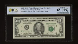 DBR 1990 $100 FRN New York Gem Fr. 2173-B PCGS-B 65 PPQ Serial B53737129E - Picture 1 of 2