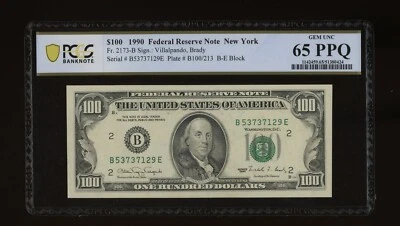 DBR 1990 $100 FRN New York Gem Fr. 2173-B PCGS-B 65 PPQ Serial B53737129E - Image 1 of 2
