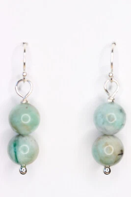 翡翠绿色 9 毫米球天然宝石 0.925 纯银耳环 1 1/2 — 第 1/4 张图片